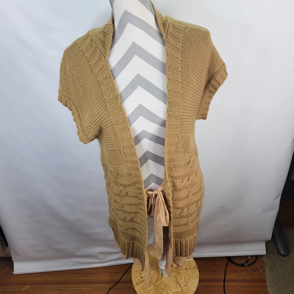 Blue Bird Brown Tie Front Short Sleeve Knit Cardigan Ruffle Bottom Size Med